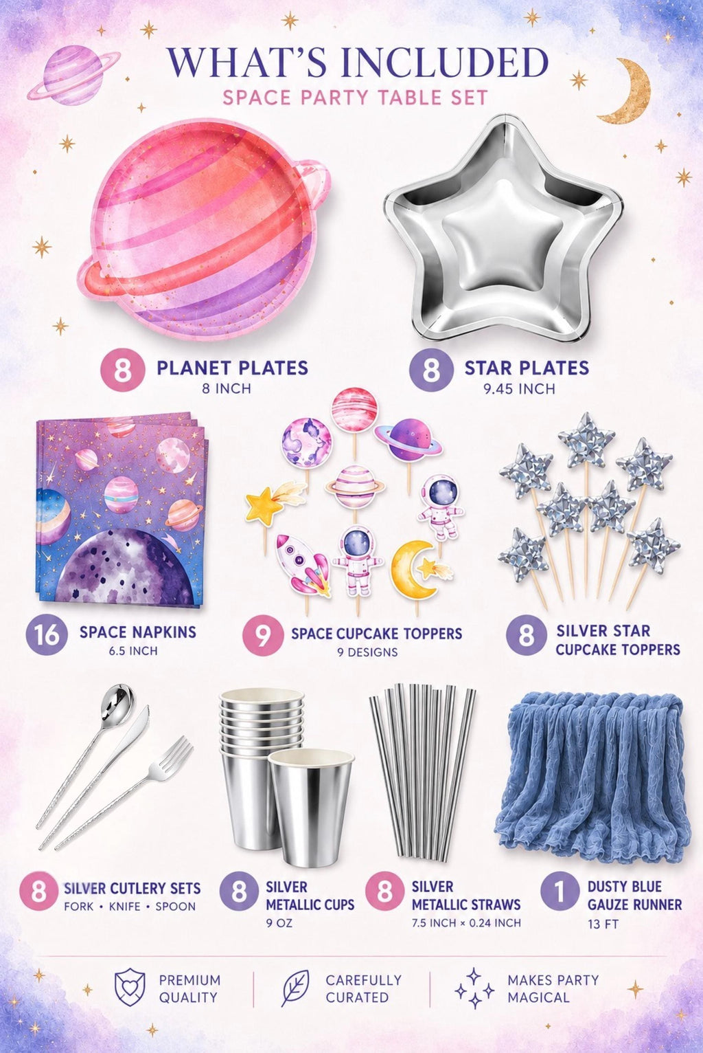 Space Party Table Set for 8 | Celestial Birthday Tableware