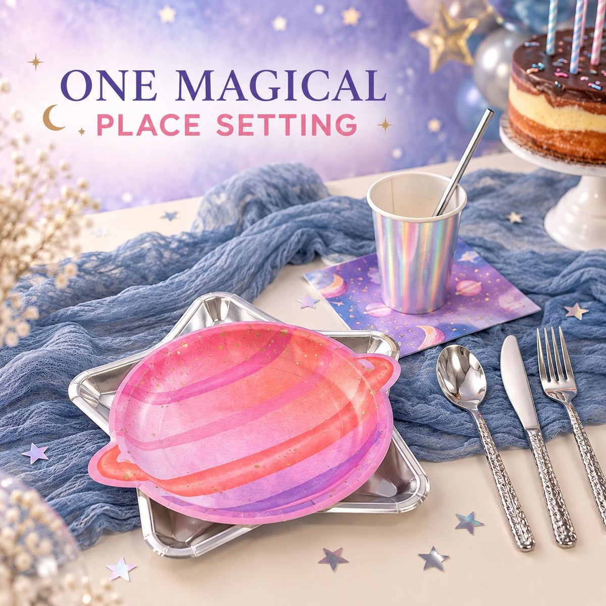 Space Party Table Set for 8 | Celestial Birthday Tableware